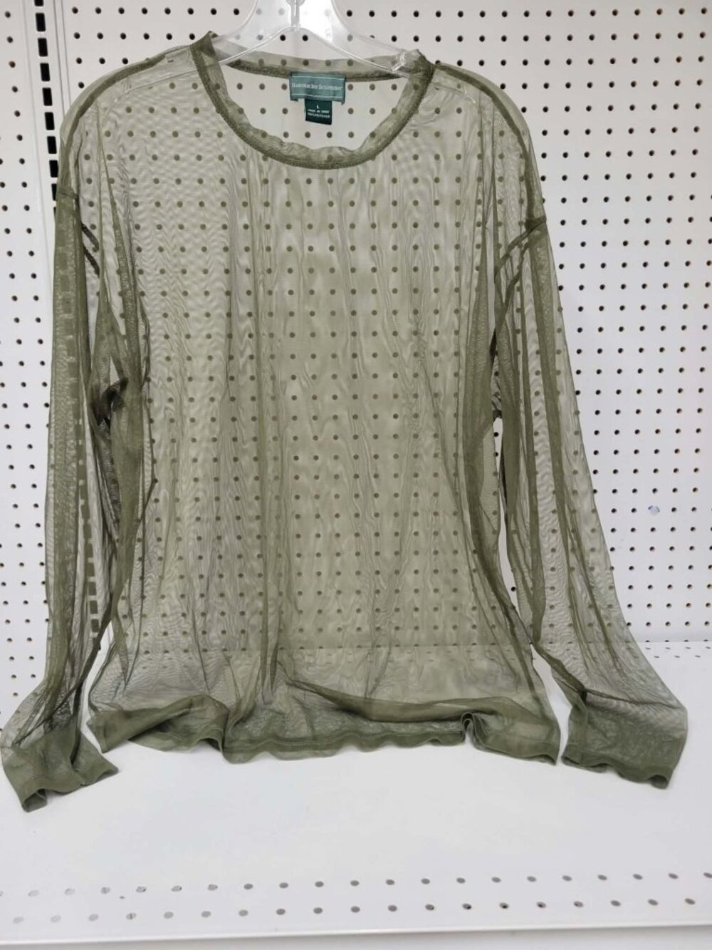 Hammacher Schlemmer Sheer Olive Green Polka Dot Mesh Long Sleeve Top Size L